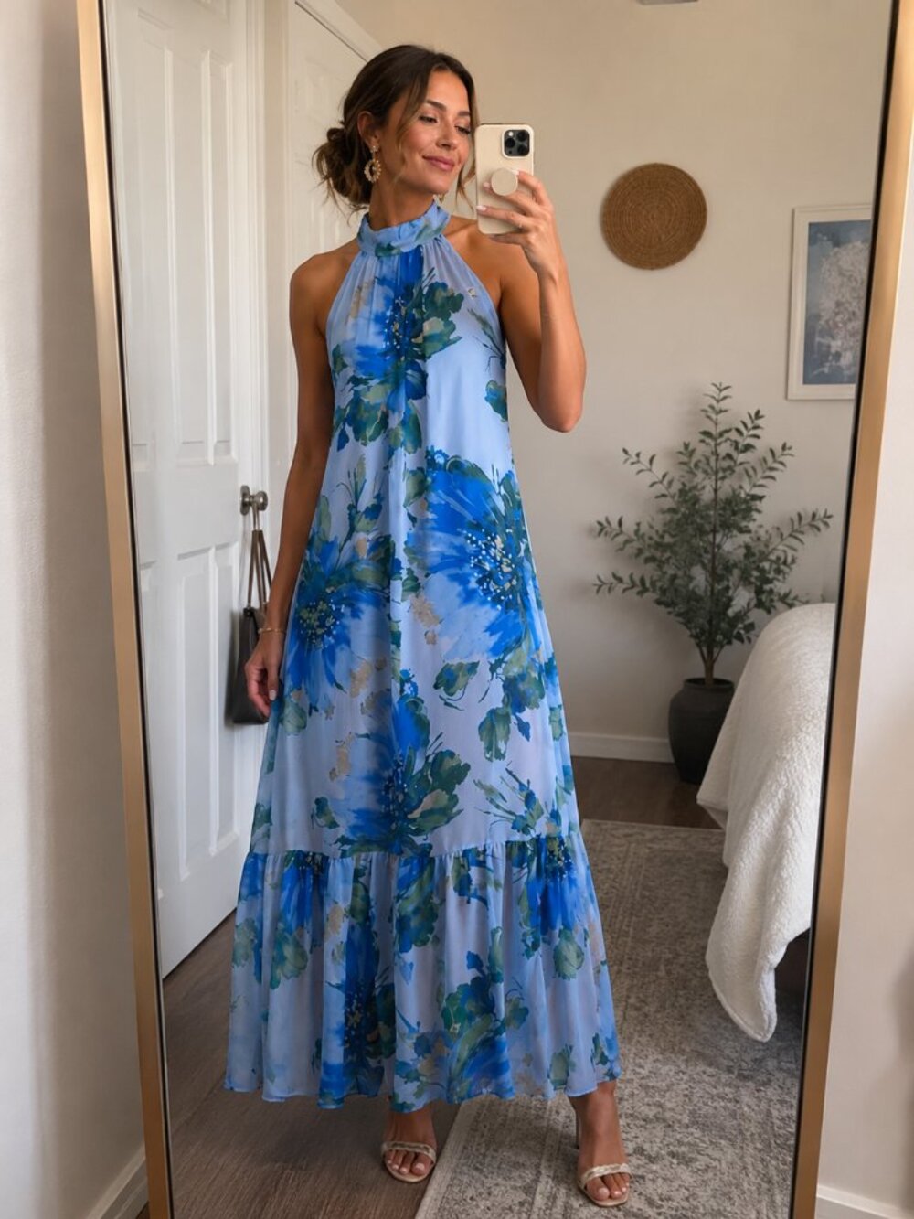 Taylor Women's Blue Floral Chiffon Halter Neck Maxi Dress – Sleeveless Ruffle He - Picture 1 of 5